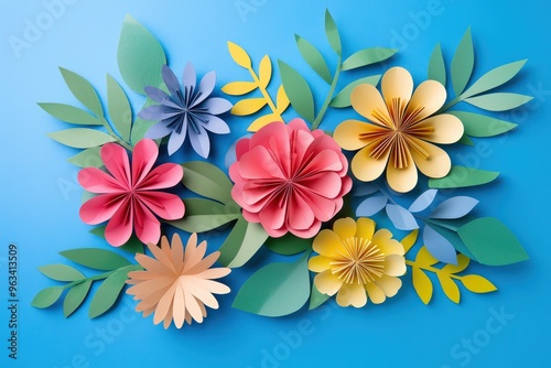 A creative top view of colorful paper cut flowers arranged with green leaves on a bright blue background.