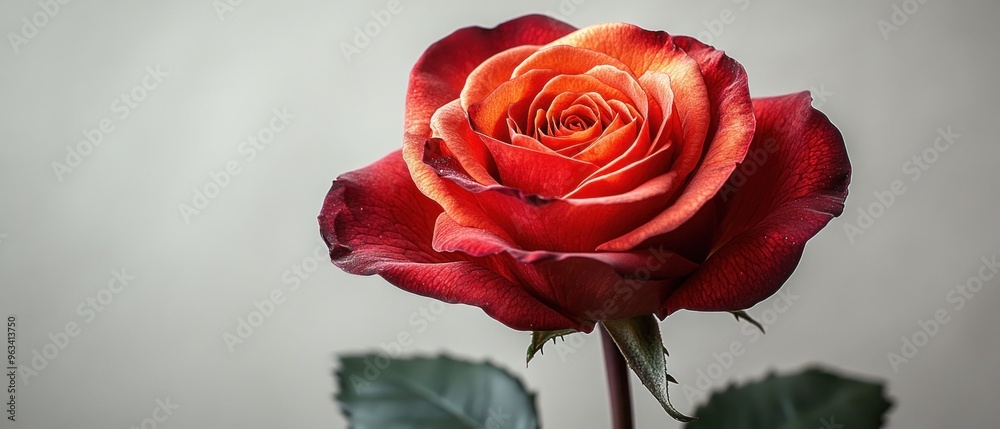 A Single Red Rose with Orange Undertones and Green Leaves A Single Red Rose with Orange Undertones and Green Leaves
