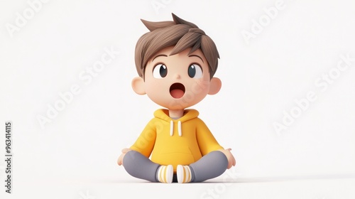 A cheerful animated boy in a yellow hoodie sits cross-legged, expressing excitement and joy.