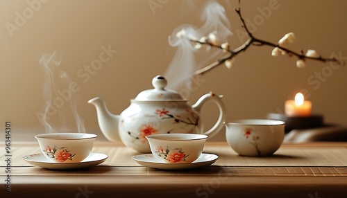 An exquisite tea set is set against an elegant background, with tea cups and teapot exuding a warm atmosphere, creating a tranquil tea ceremony atmosphere. photo