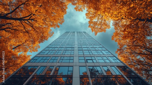 A tall building framed by vibrant autumn foliage.