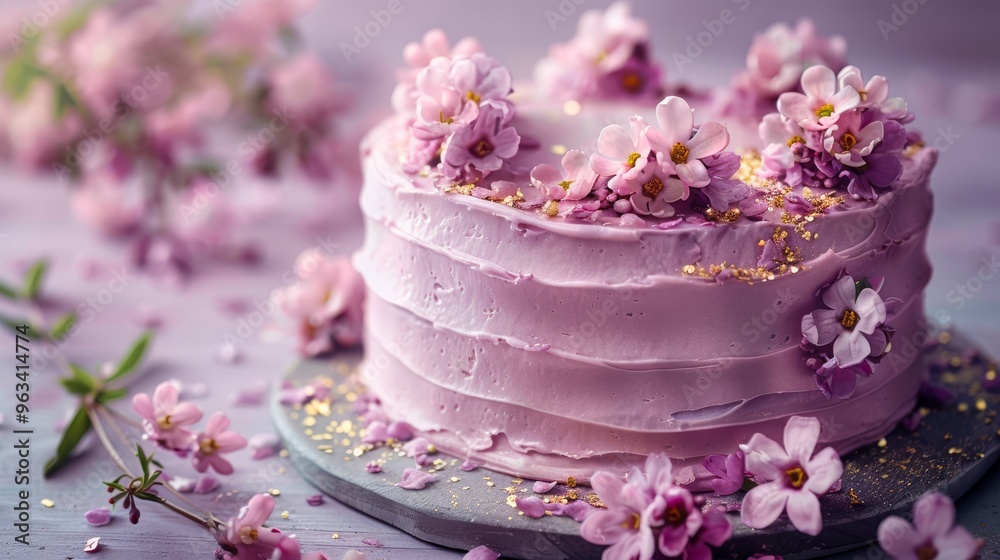 Pastel Lavender Birthday Cake with Gold Flakes Pastel Lavender Birthday Cake with Gold Flakes