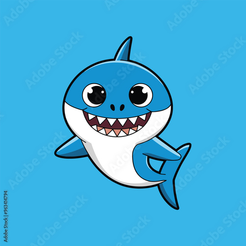 cute cartoon shark with a big smile and sharp teeth, in a light blue color background