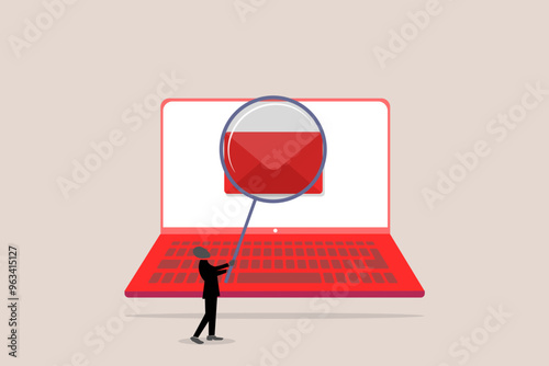 Businessman with magnifying glass scan email. concept of Email scan for cyber security, data protection, safety and protection