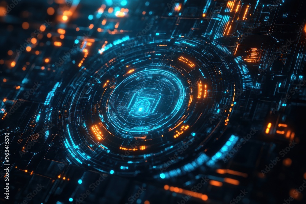 Abstract Futuristic Digital Interface with a Glowing Lock Symbol Abstract Futuristic Digital Interface with a Glowing Lock Symbol