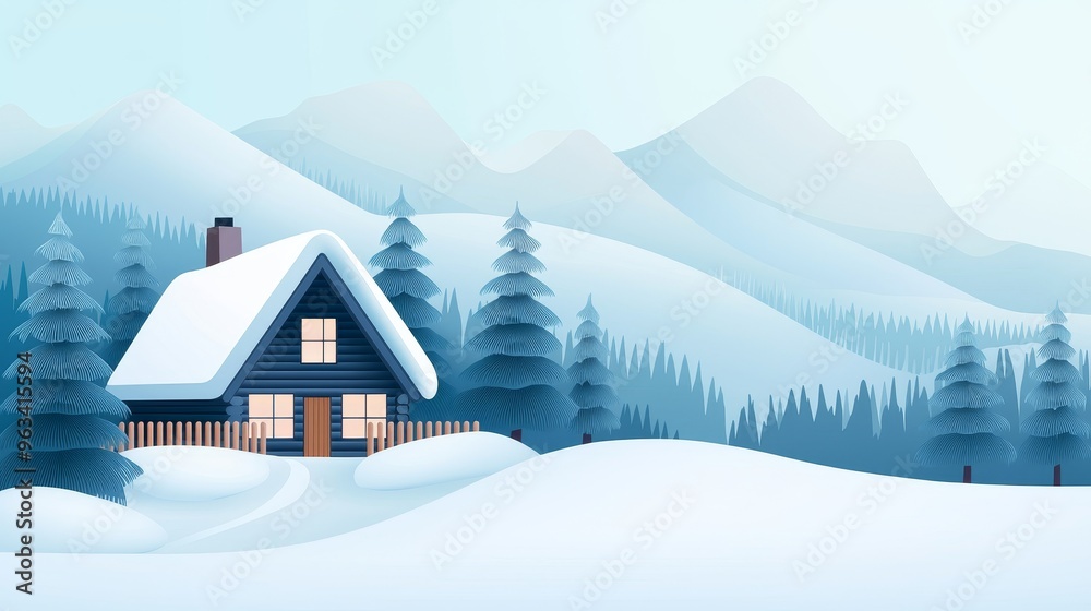 A tranquil winter scene featuring a cozy cabin surrounded by snow-covered mountains and frosty trees under a clear blue sky. A tranquil winter scene featuring a cozy cabin surrounded by snow-covered mountains and frosty trees under a clear blue sky.
