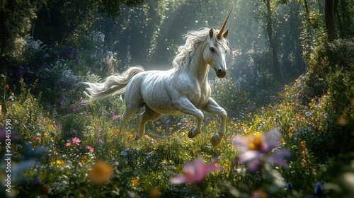 A majestic unicorn galloping through a magical, flower-filled forest bathed in sunlight creating a fantasy atmosphere.