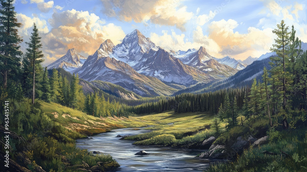 Majestic peaks of the Bitterroot Range, with a river flowing through a forested valley Majestic peaks of the Bitterroot Range, with a river flowing through a forested valley