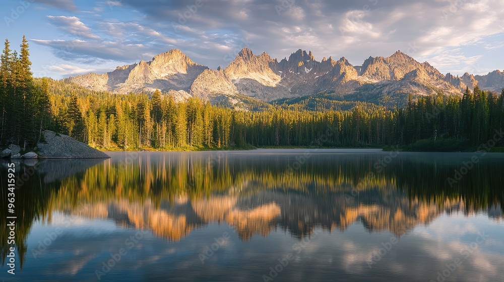 Naklejka premium Morning light hitting the peaks of the Sawtooth Mountains, with a serene lake reflecting the scene