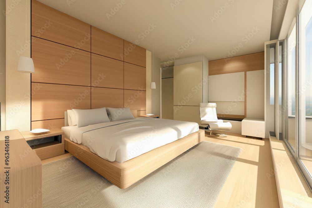 Minimalist interior design of bedroom in hotel with wooden panels on the wall and big panoramic window. Minimalist interior design of bedroom in hotel with wooden panels on the wall and big panoramic window.