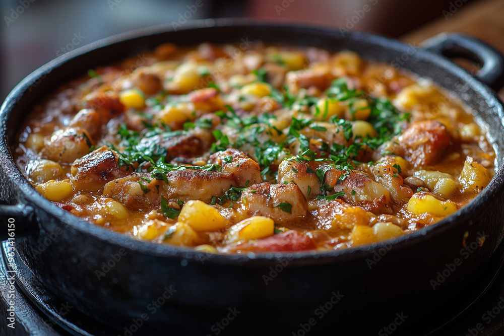 A hearty serving of Fabada Asturiana showcasing vibrant colors and rich ingredients in a rustic Spanish setting A hearty serving of Fabada Asturiana showcasing vibrant colors and rich ingredients in a rustic Spanish setting