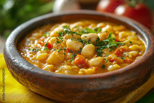 Delicious fideua served in a rustic bowl, showcasing vibrant colors and fresh ingredients in a cozy Spanish kitchen setting photo