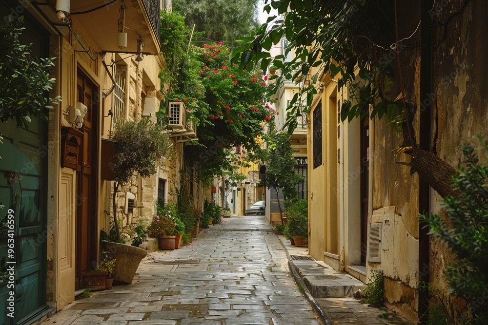 Narrow cobblestone street with flowers growing on building in plaka district, athens, greece Narrow cobblestone street with flowers growing on building in plaka district, athens, greece