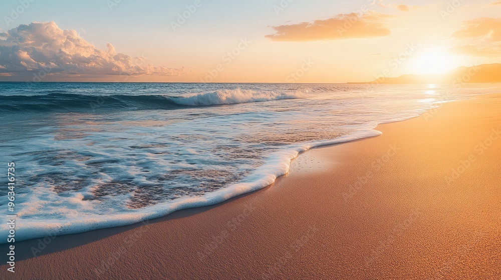 A long stretch of deserted beach with gentle waves and a warm sunset casting a golden glow over the sand and sea A long stretch of deserted beach with gentle waves and a warm sunset casting a golden glow over the sand and sea