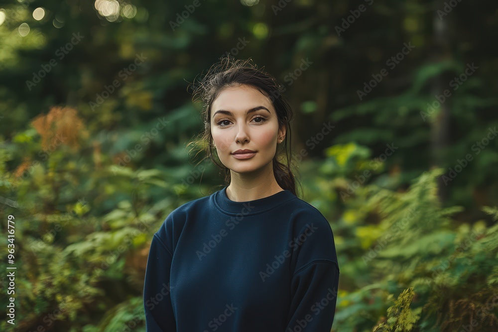 A confident woman in a navy sweatshirt stands amidst natural surroundings. A confident woman in a navy sweatshirt stands amidst natural surroundings.