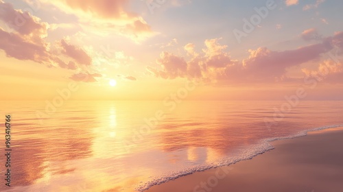 A tranquil beach at sunset, with the sky ablaze in warm colors and the sea reflecting the golden light, capturing the calm of evening