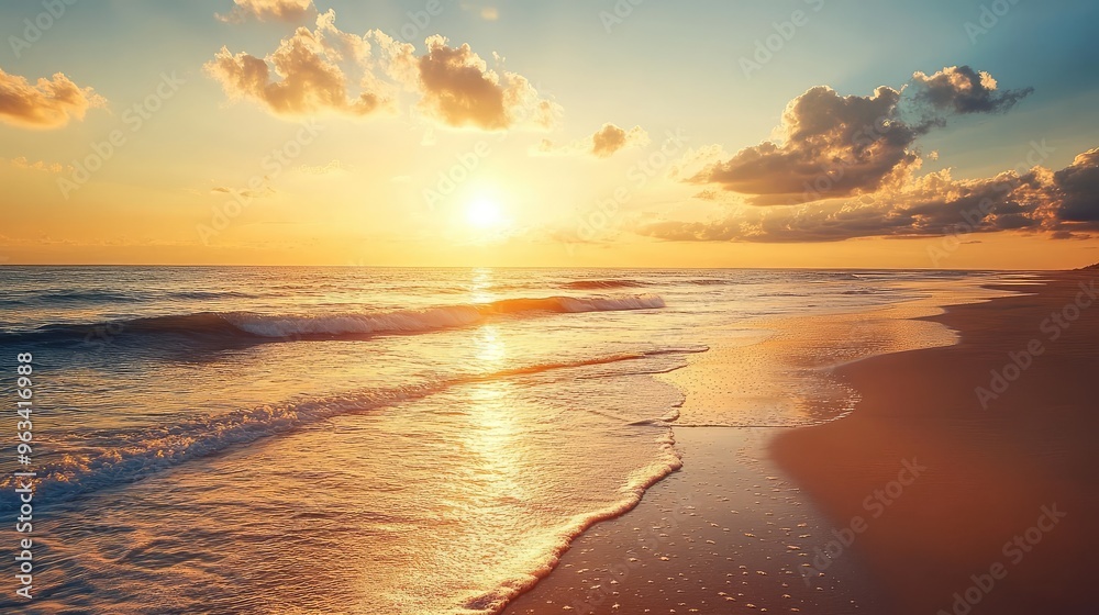 Naklejka premium A long stretch of deserted beach with gentle waves and a warm sunset casting a golden glow over the sand and sea