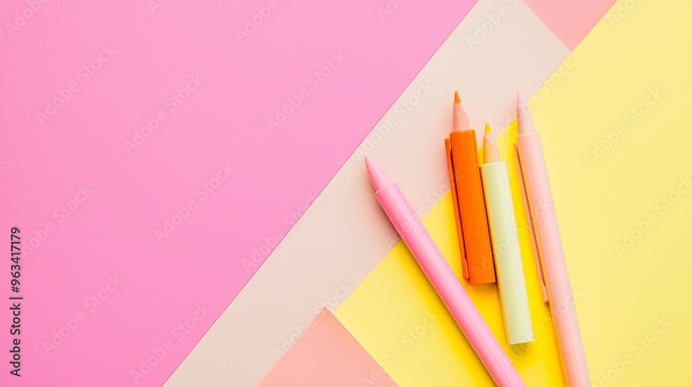 Four colored pencils are lying on a bright pink, yellow, and beige background creating a dynamic composition. The image provides ample copy space Four colored pencils are lying on a bright pink, yellow, and beige background creating a dynamic composition. The image provides ample copy space