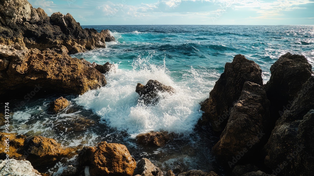 Rocky coastline with waves crashing against the rocks, clear water, and a distant horizon, showcasing the power and beauty of nature Rocky coastline with waves crashing against the rocks, clear water, and a distant horizon, showcasing the power and beauty of nature