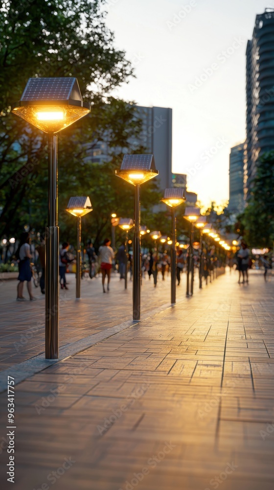 Obraz premium Solar-powered streetlights illuminating a park filled with diverse people enjoying a sunny day, realistic photograph,