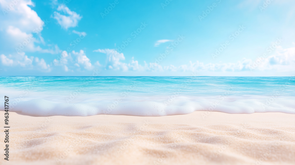 Tranquil beach view with gentle waves under a blue sky Tranquil beach view with gentle waves under a blue sky