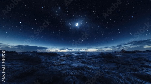 starry night, stars in the upper left, blue tones and gentle light providing a tranquil, calming effect