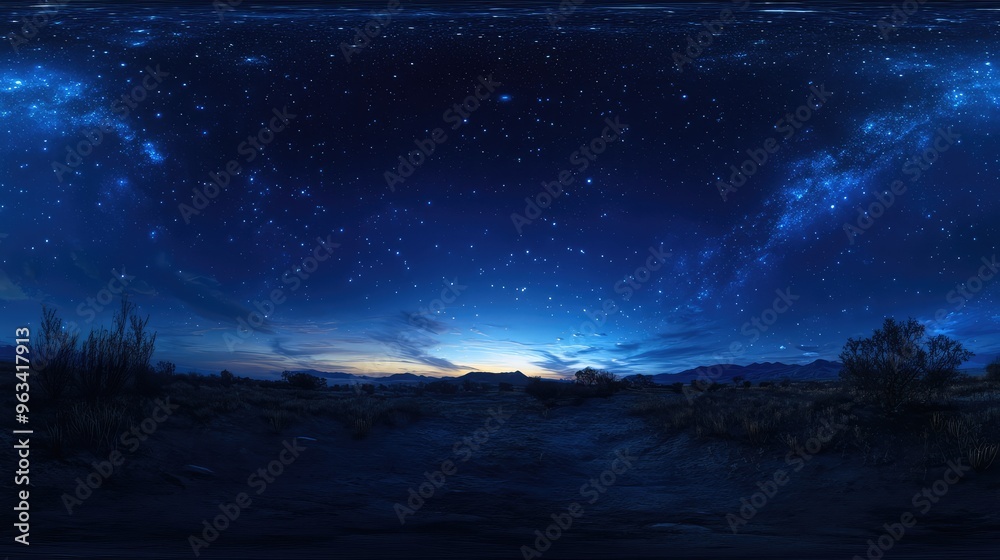 360-degree HDRI map of a starry night, with a blue sky and stars gathered in the upper left, conveying elegance and calm through soft lighting 360-degree HDRI map of a starry night, with a blue sky and stars gathered in the upper left, conveying elegance and calm through soft lighting