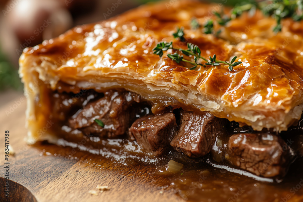A deliciously prepared steak and kidney pie, golden and flaky, ready to be savored during a cozy weekend dinner at home A deliciously prepared steak and kidney pie, golden and flaky, ready to be savored during a cozy weekend dinner at home