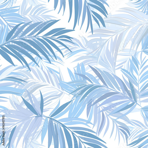 blue and grey palm leaves on a white background, with soft lines and organic shapes, suitable for summer wear accessories or beachwear, suitable as textile fabric.