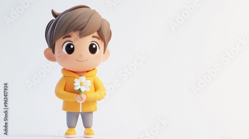 A cheerful cartoon boy in a yellow hoodie holding a flower, symbolizing joy and innocence.