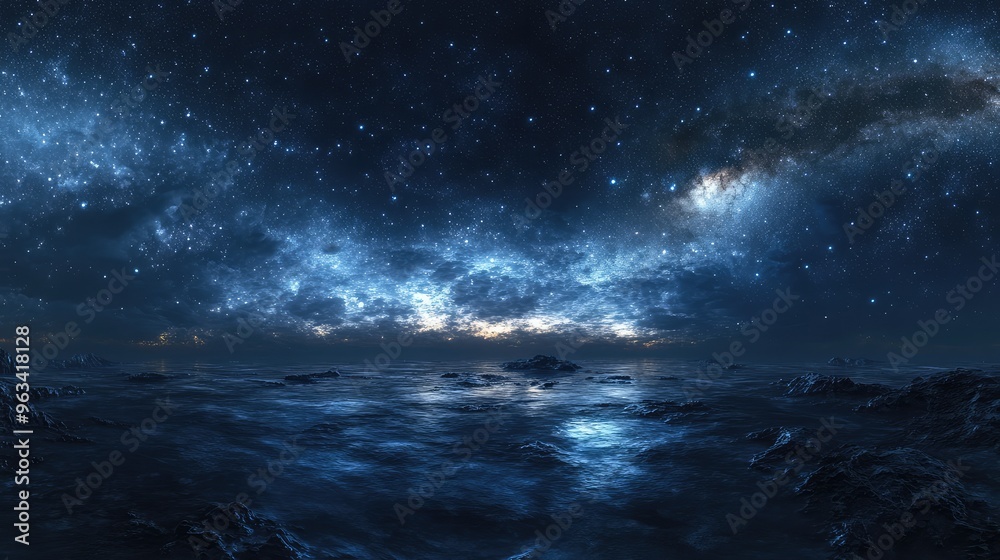 Equidistant projection panorama of a starry night, with stars concentrated in the upper left, soft lighting, and a tranquil blue atmosphere Equidistant projection panorama of a starry night, with stars concentrated in the upper left, soft lighting, and a tranquil blue atmosphere