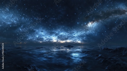 Equidistant projection panorama of a starry night, with stars concentrated in the upper left, soft lighting, and a tranquil blue atmosphere
