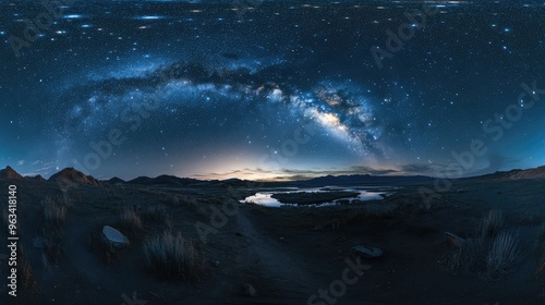 Equidistant projection panorama of a starry night, with stars concentrated in the upper left, soft lighting, and a tranquil blue atmosphere