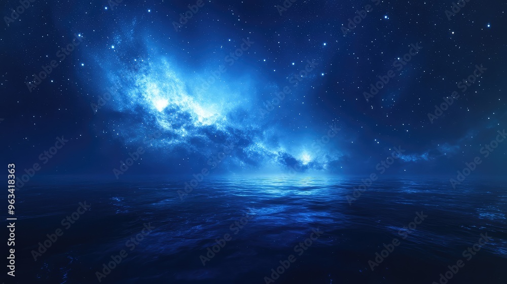 Fototapeta premium Panorama of a starry night sky, featuring a detailed blue tone and stars in the upper left, soft light enhancing the sense of tranquility
