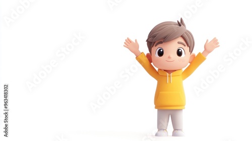 A cheerful cartoon boy in a yellow hoodie with arms raised, expressing joy and excitement.