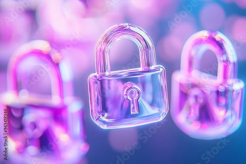 neon pink padlock icons floating in the air. The composition is a close-up