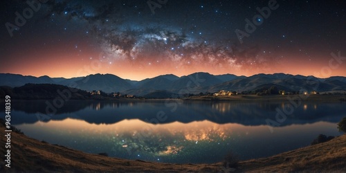 Stunning Panoramic Night Sky with Majestic Milky Way over Scenic Landscape. photo