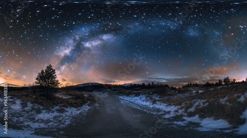 HDR panorama of a starry night sky with soft blue tones, stars in the upper left, and gentle lighting creating an elegant and detailed scene