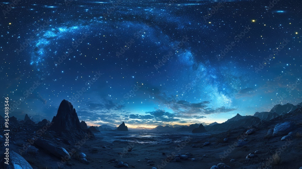 Panorama of a starry night sky with scattered stars in the upper left, equidistant projection, blue tones creating a serene, tranquil atmosphere Panorama of a starry night sky with scattered stars in the upper left, equidistant projection, blue tones creating a serene, tranquil atmosphere