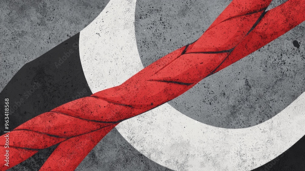 Abstract image of a red rope dividing black and white circles on a ...