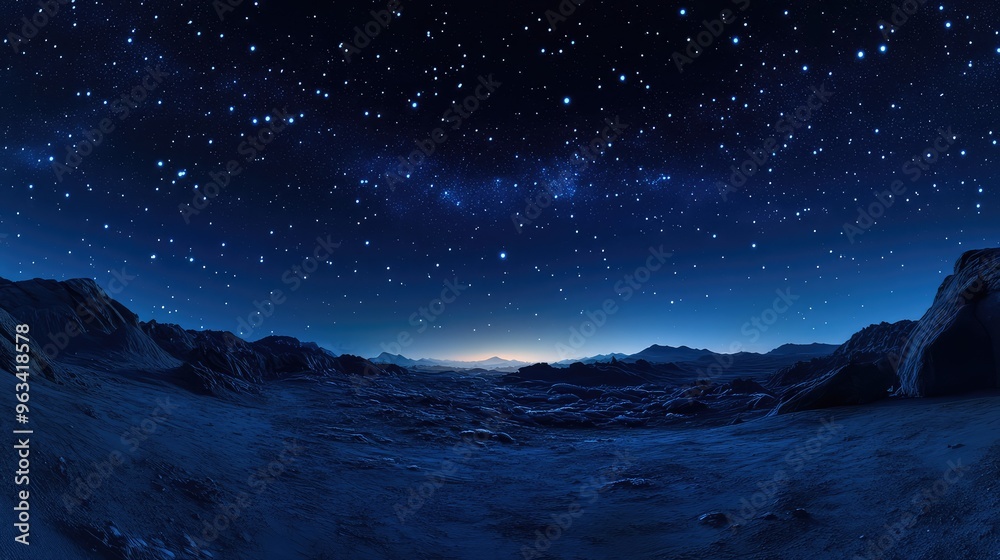 Panorama of a starry sky, stars gathered in the upper left, equidistant projection creating a detailed, tranquil night scene with soft blue tones Panorama of a starry sky, stars gathered in the upper left, equidistant projection creating a detailed, tranquil night scene with soft blue tones