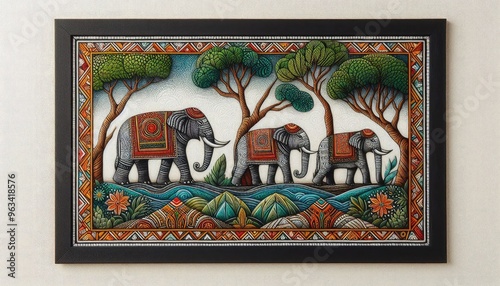 High-resolution stock photo of traditional Gond art elephants and trees, photographed on a white canvas backdrop, featuring detailed textures and vibrant colors