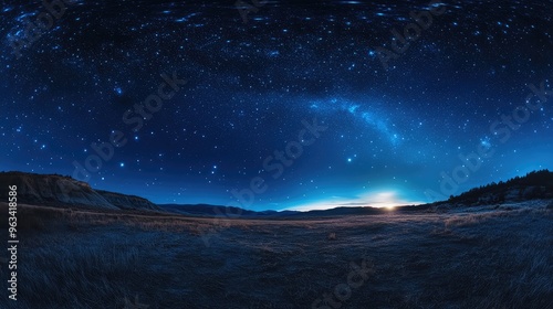 Panorama of a starry night sky with scattered stars in the upper left, equidistant projection, blue tones creating a serene, tranquil atmosphere