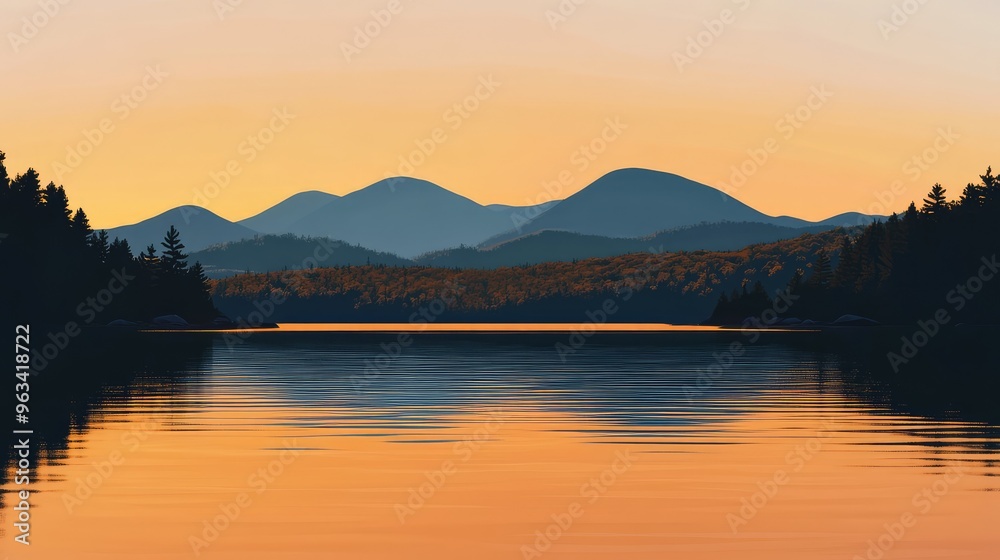 A quiet evening in the Adirondacks, with mountains silhouetted against the sunset and a calm lake in the foreground A quiet evening in the Adirondacks, with mountains silhouetted against the sunset and a calm lake in the foreground