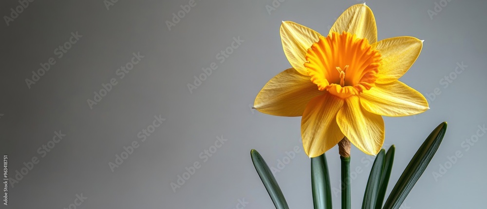 A Single Yellow Daffodil with Green Leaves Against a Grey Background A Single Yellow Daffodil with Green Leaves Against a Grey Background