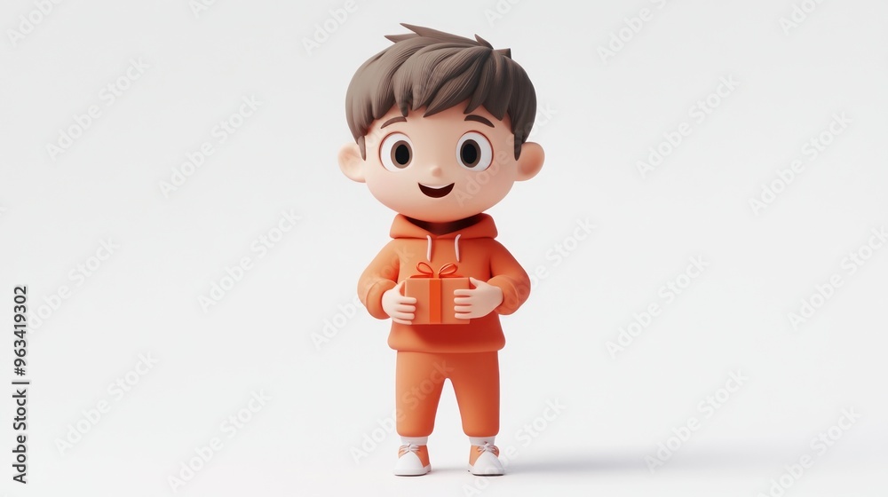 A cheerful cartoon boy in an orange outfit holding a gift box, conveying joy and celebration. A cheerful cartoon boy in an orange outfit holding a gift box, conveying joy and celebration.