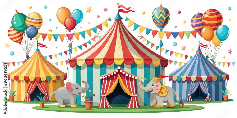 Circus Fun with Two Elephants and a Big Top, Circus, Cartoon, Animal Circus Fun with Two Elephants and a Big Top, Circus, Cartoon, Animal