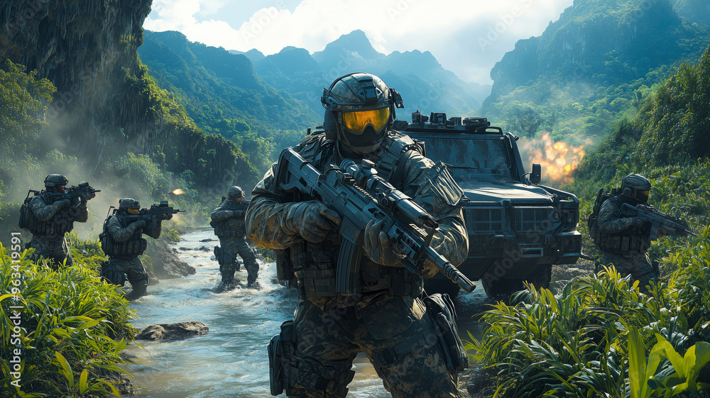A determined squad of soldiers in advanced gear navigates through a dense jungle, preparing for an imminent mission during the early morning fog A determined squad of soldiers in advanced gear navigates through a dense jungle, preparing for an imminent mission during the early morning fog