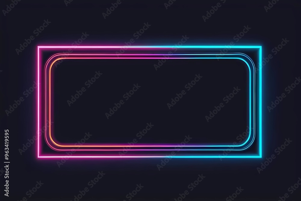 Rectangular frame with neon lights. LED light on the edges. Laser banner with text Rectangular frame with neon lights. LED light on the edges. Laser banner with text