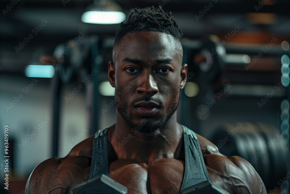 Muscular bodybuilder with a serious expression is lifting dumbbells in a gym Muscular bodybuilder with a serious expression is lifting dumbbells in a gym